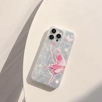 ins pink butterfly for iPhone17promax feather yarn Apple 16 laser mobile phone case 14/13 large hole 15 apple 17