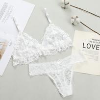Naujas nėriniuotas tuščiaviduris moteriškas liemenėlė ir kelnaičių komplektai apatinių drabužių rinkinys diržai Perspective bikini apatiniai S balta