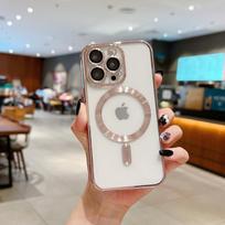 Skirtas iPhone 15 14 Pro Max Luxury Magsafe magnetinio dengimo rėmeliu, skaidrus telefono dėklas, skirtas iPhone X XS 11 12 13 14 Plus apsauginis dangtelis iPhone 14 Plus rožinė