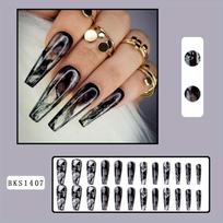 24pcs Exquisite Black Long Press On Nails with Halo Dyeing Designs Full Cover Ballerina Artificial Nails for Women -Easy to Apply and Remove with Glue Long gray
