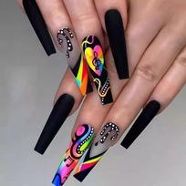 Press On Nails, Long Coffin Acrylic Fake Nails, Full Cover Graffiti False Nails With Musical Note And Rainbow Designs Long brown