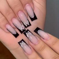 24pcs 3D Butterfly Press On Nails with Black French Tips - Full Cover Silvery Glitter False Nails with Jelly Glue and Nail File for Women and Girls YT-BW50