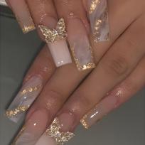 24pcs Press On Nails Long Coffin Fake Nails White And Pinkish Gradient Acrylic Nails With 3D Golden Butterfly Design Glossy Golden Glitter False Nails Gentle And Gorgeous