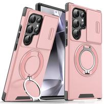 Šarvuotas magnetinis laikiklio dėklas Samsung S24 S23 S21 S22 Ultra Plus S20FE S23FE S24FE, slankiojanti kameros apsauga, smūgiams atsparus dangtelis For Galaxy S24 rožinė