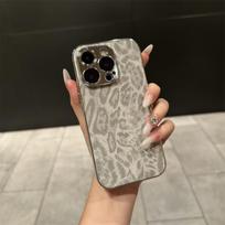 iPhone 16 Pro Leopard Print Leather Case with Full Coverage Lens Film for iPhone 13 Pro/15/14 Pro iPhone 12 Pro Max pilka spalva