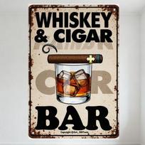 Vintage Whiskey & Cigar Metal Tin Sign with Weathered Rust Brownish Spots, Amber Whiskey Glass & Cigar Design, 'BAR' Text - Home 20x30cm（7.8x11.8inch）