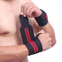 Reguliuojami elastiniai riešo įtvarai sunkiajai atletikai su sutvirtintomis siūlėmis ir Velcro užsegimu raudona