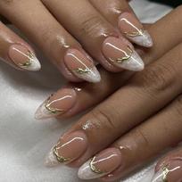 24 Pieces Short Almond French Tip Press On Nail with 3D Gold Line Glossy Finish Full Cover Artificial Nail for Women 1