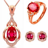 Rubino ir deimantų papuošalų rinkinys: Gėlės žiedas, Balandžio kraujo turmalino auskarai ir pakabukas Rose Gold Plated Box Chain [Single Chain]
