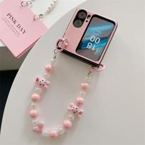 Applicable oppofindN2flip folding mobile phone case beads portable hanging chain leather pattern Japanese and Korean hard case protective case OPPO Find N2 Flip rožinė
