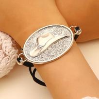 Western Cowboy Hat Oval Pendant Bracelet Black Cord Adjustable Wristband