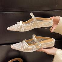 Semi-drag Mary Jane Shoes 2025 Summer Temperament French Fishing Net Inside Heightened Bow Rhinestone Women's Shoes 35