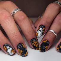 24-Piece Short Square Matte Press On Nails Set - Mixed Color System with Floral & Ghostly Holiday Elementse W22 brown