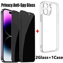 2 vnt. Anti-Spy grūdinto stiklo + 1 vnt. telefono minkšto dėklo rinkinys iPhone 15 13 14 12 11 Pro Max 16 Plus ekrano apsauga, apsauginė plėvelė iphone 11 juoda
