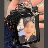Juoda PU oda Sidabrinis katės kaspinėlio pakabukas Nuotraukų kortelių laikiklis Studentų miestelio kortelės ID kortelės laikiklis Kpop juoda