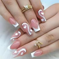 24 Pcs White French Tip Press On Nail Medium Square Stick on Nail Heart Artificial Nail Valentines Day False Nail 1