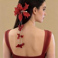 1PC long fringed bead chain red flared flower hairpin, women's fashion red flower long fringed side clip raudona