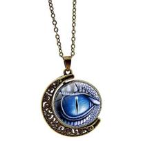Unisex Rotate Round Dragon Eye Crescent Moon Pendant Long Chain Necklace Jewelry varis
