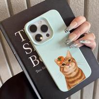 Persimmon Orange Cat Pattern Phone Case For iPhone 17 Pro Max 16 Plus 15 Pro 14 13 12 11 XR 17Air Lychee Textur Soft Cover iPhone 11 Pro šviesiai žalios spalvos
