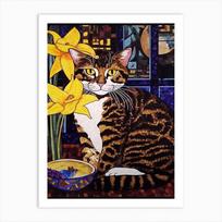 Vintažinė puokštė gėlė Lotoso lelijos su katinu Art Nouveau Klimt stiliaus meno spaudinys Plakatas Drobė Tapyba siena Paveikslas Kambario dekoras 21x30cm No Frame