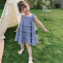 2023 Girls Summer Blue Plaid Sling Sleeveless Dress Children Cake Vest Casual Loose Dresses Kids Slip Sundress 90 mėlyna