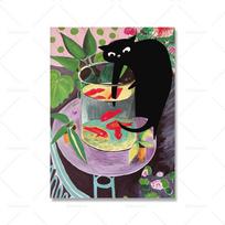 Juokingas pakeistos meno kūrinio Matisse auksinė žuvelė su juoda kate drobės tapyba Juokingi plakatai ir spaudiniai Sieniniai paveikslai svetainės dekoravimui 21x30cm No Framed