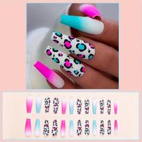 24pcs Leopard Gradient Press On Nails - Matte Blue Pink Fake Nails With Full Cover Long Coffin Ballerina Design - Easy To Apply And Remove - Perfect Imported ABS brown