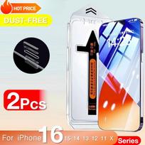 2Pcs For Apple iPhone 16 Pro Max 15 14 13 12 11 X Xs XR Plus 5G Tempered Glass Screen Protector Easy Install Removal Kit iphone 11 gryna
