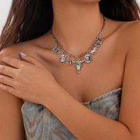 European & American Multi-Element Bull Head Pendant Necklace, Fashionable Alloy Multi-Layer Tassel Clavicle Chain