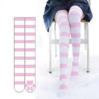 Lolita Ant kelių rožinės juostelės Kawaii Cat Paw Print kojinės Lolita Gothic Velvet Virš kelių Šlaunų Aukštos JK Ilgos Kojinės One Size rožinė