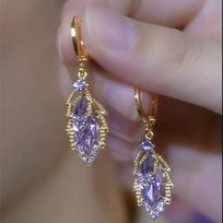 French Purple Zircon Leaf Ear Cuffs - Fashionable, Slim, Double Layer Sparkling Diamond Earrings with National Style Copper Ear Clip violetinė