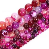 Hot Pink Stripes Agates Stone Natural Round Beads 15 Strand Smooth Loose Spacer Beads 4/6/8/10/12mm for Jewelry Making DIY Bracelets Accessories Dia 4mm