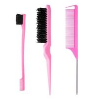 3Pcs/Set Hair Styling Comb Kit with Double-side Edge Control Teasing Bristle Brush Rat Tail Women Comb Back Brushing Combing Braiding Slicking Styling rožinė