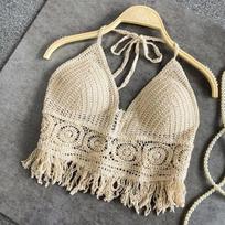 Seksuali Boho paplūdimio atostogų palaidinukė su petnešėle kaklui moterims, nėrimo mezgimo maudymosi kostiumo liemenėlė, atviras nugara, tuščiaviduris kutų tank topas, moteriški trumpi viršutiniai drabužiai EMA One Size kūno spalva
