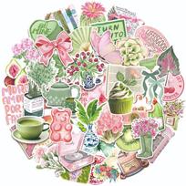 10/50Pcs Pink Green Vintage Stickers Aesthetic Cottagecore Matcha Decal Scrapbooking Notebook Luggage Laptop Skateboard Sticker 10pcs