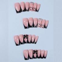 24pcs/Set Acrylic Press-On Nails, Heart Pattern, Black French, Rhinestone, Bowknot Design False Nails, French Manicure For Women And Girls juoda