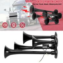 12V 24V 150dB Universal 4-Trumpet Air Horn Loud Sound Horn Black Claxon Horns for Car, Truck, Boat , Motorcycle