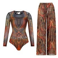 Long-sleeved Sunscreen Swimsuit Women's High Elastic Thickened Mesh Loose Trousers European and American Swimwear Fitness One-piece XL black