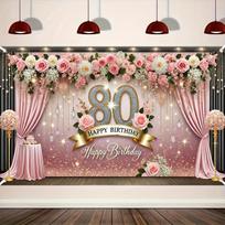 Fono reklaminis plakatas 80-ojo gimtadienio vakarėliui, pagamintas iš poliesterio medžiagos, su auksiniu deimantiniu skaičiumi „80“. 180x230cm