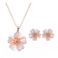 2Pcs Women Faux Opal Flower Pendant Necklace Stud Earrings Jewelry Set