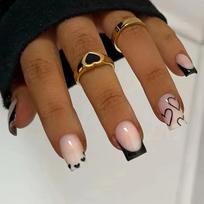 24pcs Mid-length Square Shape Press On Nails, Black Fake Nail With Heart Decor, Glossy Full Cover Nails For Women ZT-CW101 brown