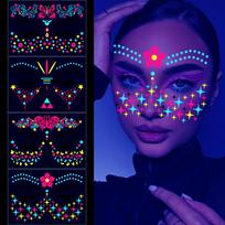 4/8 vnt. fluorescenciniai veido tatuiruočių lipdukai Spalvingi gėlių/drugelių/plunksnų dizainai Laikini lipdukai Atsparūs vandeniui Makiažo/šventiniai tatuiruotės blue