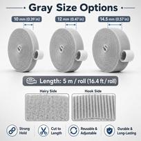 Reusable Fastening Tape Cable Ties 10mm ,12mm,14.5mm Double Side Hook Roll for Communication, Office, Home (5m) Grey 10mm