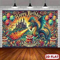 Two-dimensional flat banner, 1 piece - Bright dragon and castle birthday party banner, colorful festival decoration 100x150cm