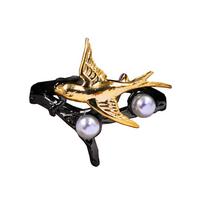 Išskirtinis Hummingbird Pearl Black Auksinis žiedas Moterų Žiedas Vakarėlis Papuošalai Sužadėtuvės Dovana Paukštis Šarka Moteriškas žiedas 6 juoda