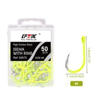 FTK 50 vnt./1 dėžutė ISNI spygliuoti kabliukai, ilgis 10 mm/22 mm nerūdijantis plienas, tinka upėtakiams, karpiams, ešeriams ir visų tipų vandeniui. 4# geltona