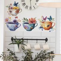 Kūrybingi akvareliniai subtilūs arbatos puodeliai virtuvės restorano namų fono puošybos sienų lipdukai 30*90cm/fun-d28 gray