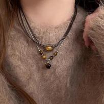 Moterų retro Tiger Eye akmens karoliai – rudens/žiemos elegantiškas megztinio grandinėlė įžymybių raktikaulio kaklo papuošalas X1635 ruda