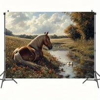Cloth Background with Brown Horse Resting by the River with Ducks and Wild Flowers for Use in a Photographic Studio 70x100CM