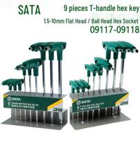 SATA 9-Piece Hex Key Set: T-Handle Ball End 09117 & Flat End L-Handle 09118, Sizes 1.5-10mm. Flat End 09118 blue